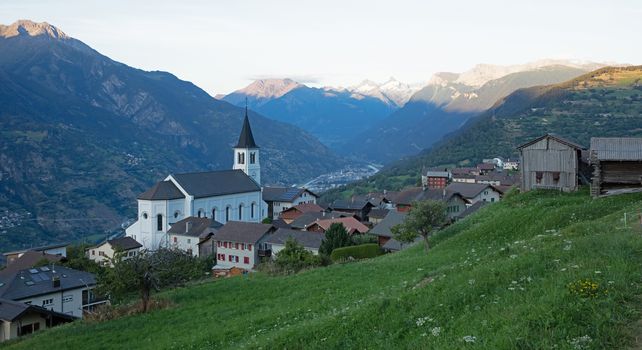 Eisscholl, Switzerland on july 17, 2020: The restored church of the small village of Eisscholl, Switzerland