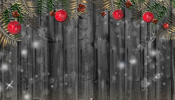 Wooden background for Christmas New Year design. Red balls, Christmas fir branches, snow on old wooden bord. Top view, flat lay, place for text. 3D illustration