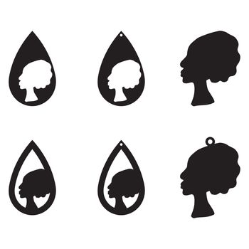 Set of african ethnic style earrings with black lady silhouette isolated on white background. Vector illustration.