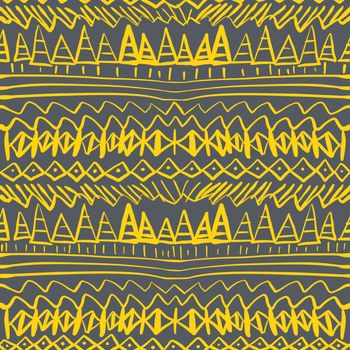 Yellow seamless ethnic and tribal pattern on black background. Hand drawn ornamental lines, geometric shapes. Endless print for textile, wrapping paper, cards.