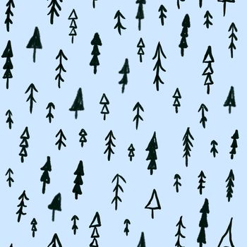 Hand drawn Christmas tree seamless pattern on blue background. Doodle ink repeat pattern design for scrapbooking, cards, wrapping paper, wallpaper.