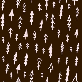 Hand drawn Christmas tree seamless pattern on black background. Festive endless background. Doodle ink repeat pattern design for for scrapbooking, cards, wrapping paper, wallpaper.