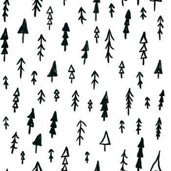 Hand drawn Christmas tree seamless pattern on white background. Festive endless background. Doodle ink repeat pattern design for for scrapbooking, cards, wrapping paper, wallpaper.