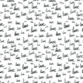 Love romantic seamless pattern on white background. Repeating handwritten love word. Endless feminine print. Repeat pattern for Valentine's Day, Mother's day, romantic date, wedding invitation.