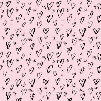 Ink texture hearts seamless pattern. Black design on pink background. Love symbol, beautiful, romantic design. Hand drawn endless pattern illustration.