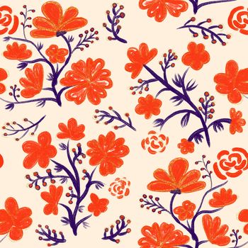 Orange floral seamless pattern on beige background. Asian flower design pattern for scrapbooking, cards, wedding invitations, Valentine Day, mother day.