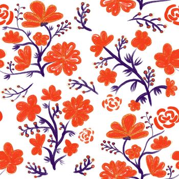 Colour Spring floral seamless pattern on white Background. Asian orange flower design pattern for scrapbooking, cards, wedding invitations, Valentine Day, mother day.