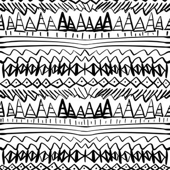 Black seamless ethnic and tribal pattern on white background. Hand drawn ornamental lines, geometric shapes. Black and white print for textile, wrapping paper, cards.