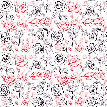 Black and red roses seamless pattern on white background. Hand drawn, ink texture pattern. Endless pattern for scrapbooking, cards, wedding invitations, Valentine Day, mother day.