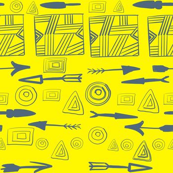 Seamless ethnic and tribal pattern in grey on yellow background. Hand drawn ornamental stripes, arrows. Bright colour print for textile, wrapping paper, cards.