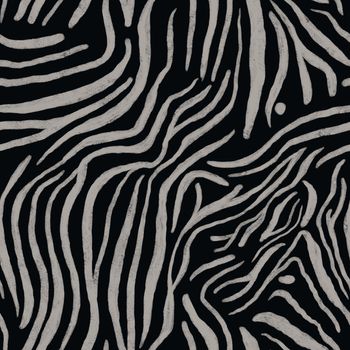 Zebra skin, stripes seamless pattern on black background. Animal print, black and white handrawn texture. Monochrome endless background. Illustration design.