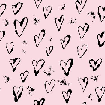 Ink texture large hearts seamless pattern. Black design on pink background. Love symbol, beautiful, romantic design. Hand drawn endless pattern illustration.