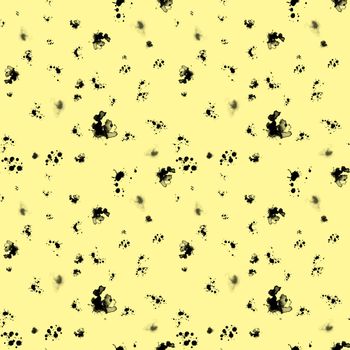 Ink stains geometric seamless pattern on yellow background. Texture splashes endless print. Repeat design pattern for scrapbooking, cards.
