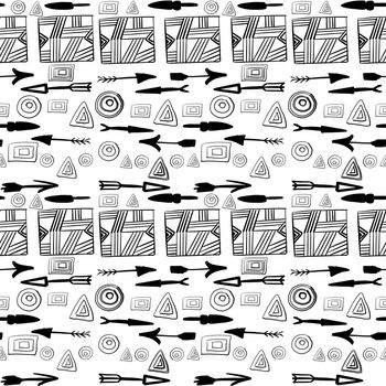 Aztec tribal arrows seamless pattern on white background. Hand drawn ornamental lines, geometric shapes. Black and white print for textile, wrapping paper, cards.