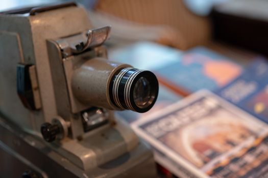 Vintage, antique large format camera in blurred background.