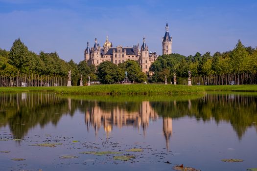 Beautiful fairytale castle in Schwerin on a summer day.