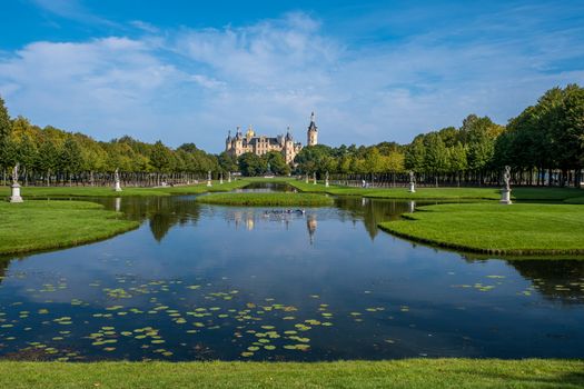 Beautiful fairytale castle in Schwerin on a summer day.