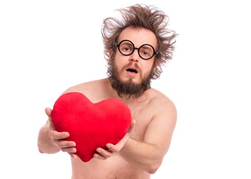 Happy Valentines Day. Crazy bearded Man with funny Haircut in eye Glasses. Happy and silly guy in Love, isolated on white background. Cheerful naked man with Red plush Heart.