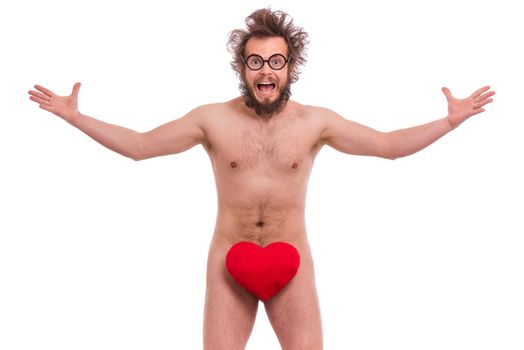 Happy Valentines Day. Crazy bearded Man with funny Haircut in eye Glasses. Happy and silly guy in Love, isolated on white background. Cheerful naked man with Red plush Heart.