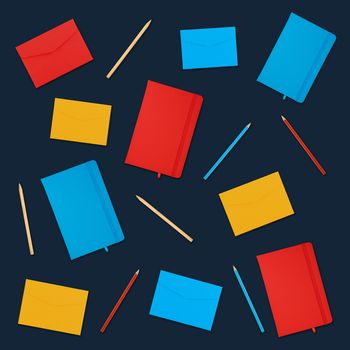 Pattern of multicolor notebooks, paper envelopes and pencils over dark blue background