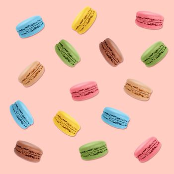 Pattern of colorful multicolor traditional French macaron (macaroon, macaroni) cookies over pink