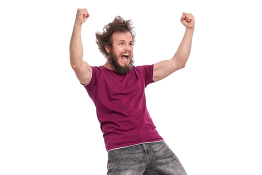 Happy winner. Crazy bearded Man with funny Haircut celebrating his success. Guy make victory gesture, screaming and keeping mouth open, isolated on white background.