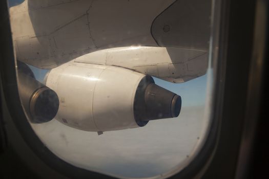 View from the dirty window of the airplane in the morning. Before landing in Cuzco, Peru.