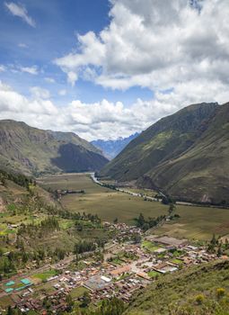 Taray, Peru - April 4, 2014: Viewpoint over the town of Taray, on the road to Pisac, in the background the Vilcanota river, Peru.