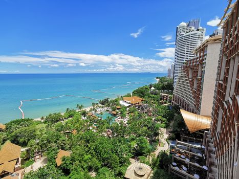 The landscape of beach and Sea view for vacation and summer from high hotel view with blue sky in the morning.