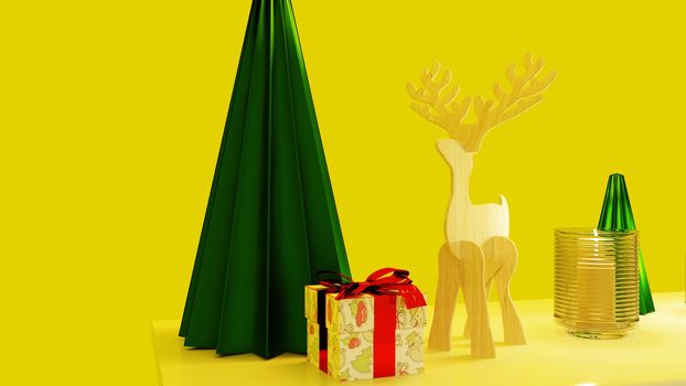 Christmas-gifts with deer and Chstrimas tree on yellow background.