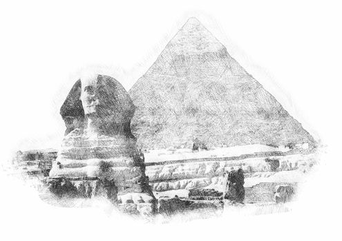 Drawing with a simple pencil sketch of the Egyptian pyramid