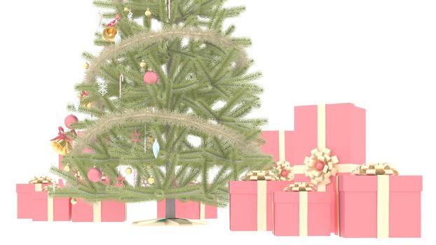 Christmas gifts boxes and tree with snow fall