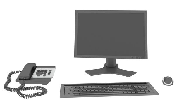 Workspace with computer with blank white screen