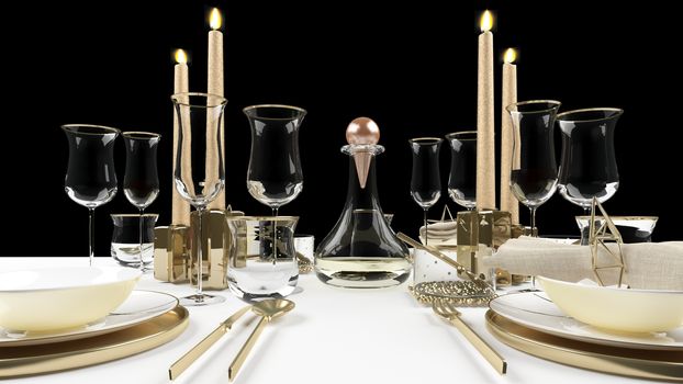Elegant dinning table with wine glasses, plates and candles set for christmas dinner.