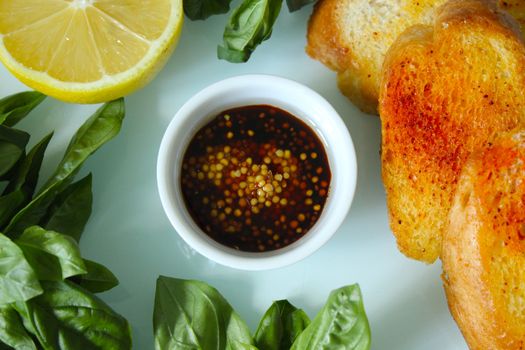 Fried French baguette with sauce.Texture or background