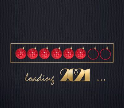 Loading 2021 New Year luxury celebration card. Red gold balls, gold digit 2021, text Loading 2021 on dark blue background. Place for text. 3D illustration