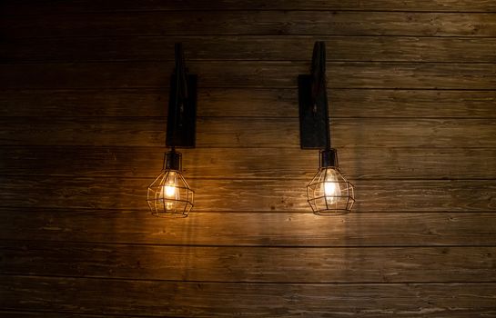 Two vintage lamps on a dark wooden wall.