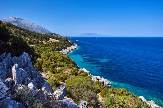 rocky coast of the Ionian Sea on the island of Kefalonia in Greece