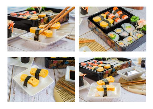 Set of variety sushi, Tamagoyaki, crabsticks sushi and maki in bento box served with soy sauce and wasabi. Delicious japanese food.