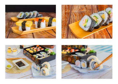 Set of variety sushi, Tamagoyaki, crabsticks sushi and maki in bento box served with soy sauce and wasabi. Delicious japanese food.
