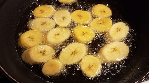 plantain banana from Puerto Rico boiling in oil in frying pan