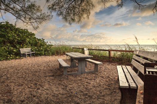 Wood bench overlooks White sand path leading toward Delnor Wiggins State Park at sunset in Naples, Florida.