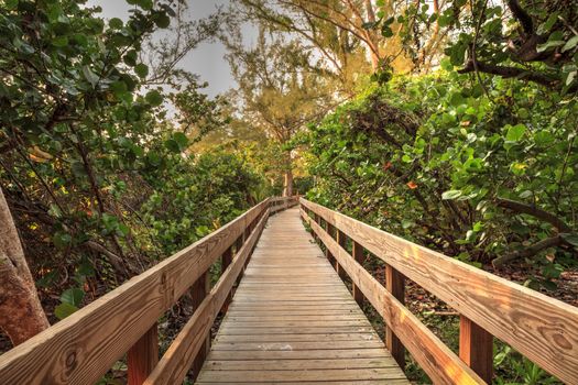 Boardwalk leading toward Delnor-Wiggins State Park at sunset in Naples, Florida.