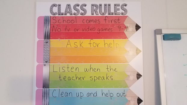 poster of school class rules on wall with pencils