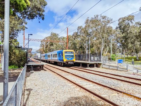 A typical suburban train in Macleod, Melbourne, Victoria, Australia