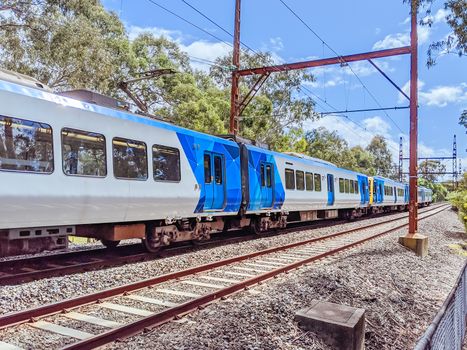 A typical suburban train in Macleod, Melbourne, Victoria, Australia