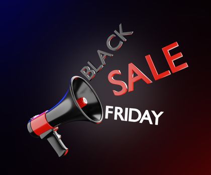 Megaphones are announcing about the Black Friday Festival in a black background with beautiful blue and red lights. Concept of the shopping season on weekends of November every year. 3D rendering.