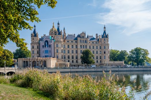 Beautiful fairytale castle in Schwerin on a summer day.