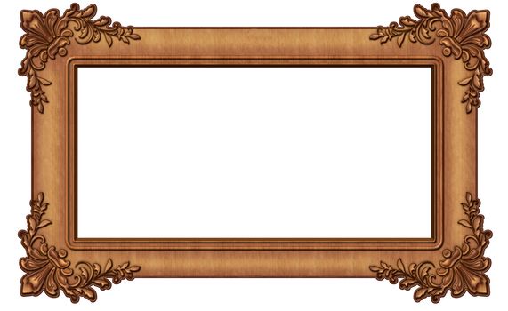Vintage wooden frame with a pattern on the corners for photos and paintings on a white background.Texture or background