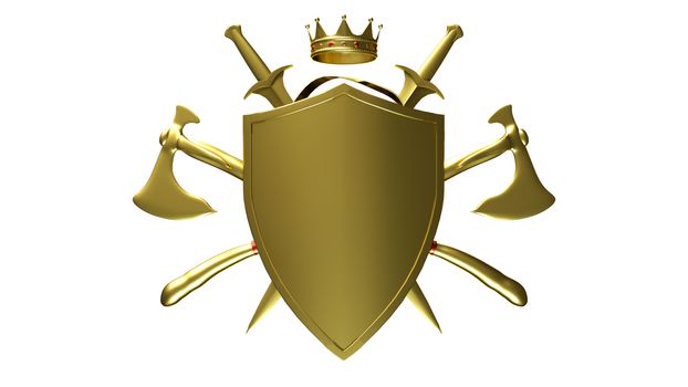 The Golden coat of arms of a medieval knight shield and sword are isolated on a white background